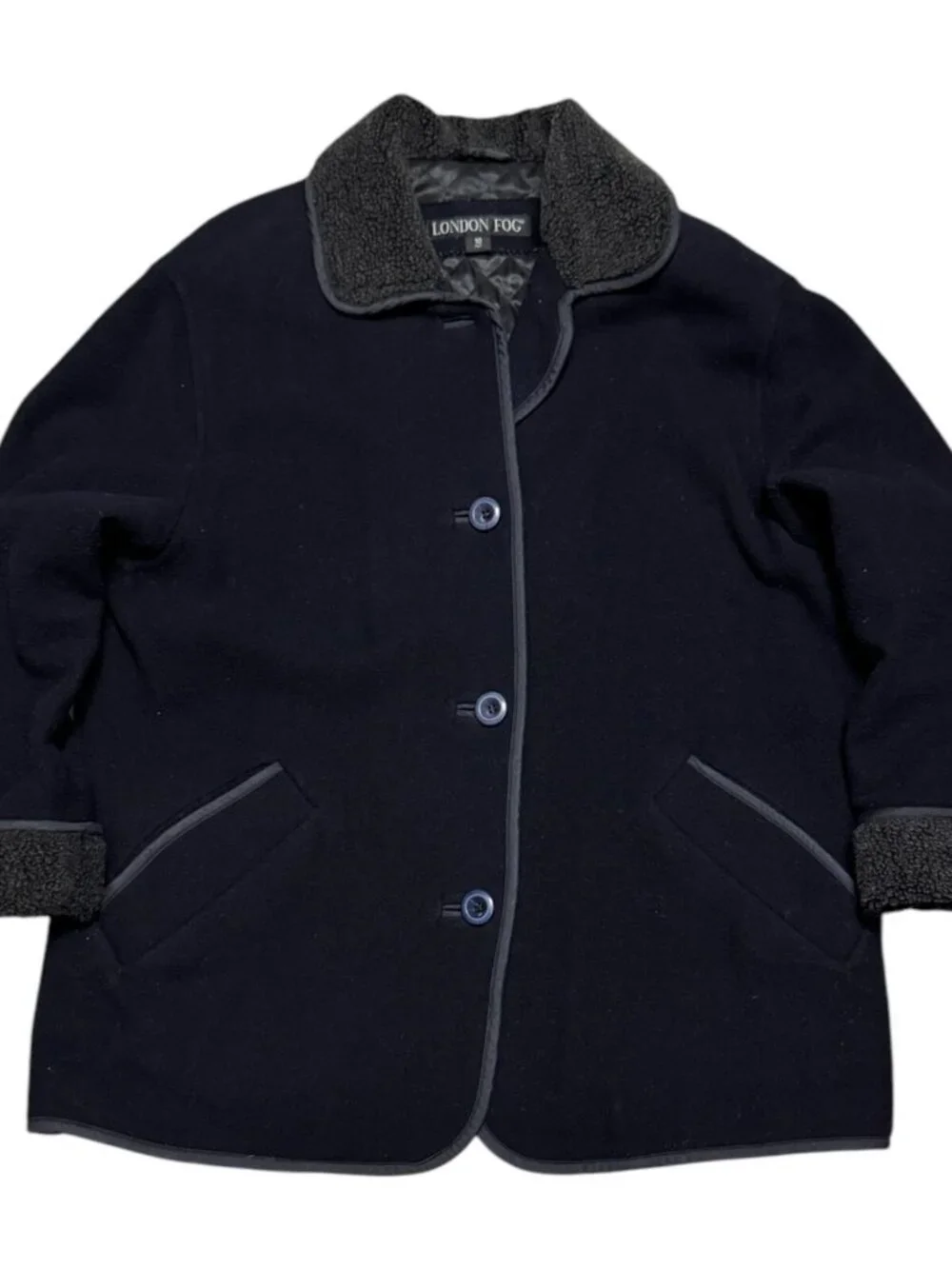 LONDON FOG Designer WOOL Sherpa Fleece  Blue Winter Parka Coat Womens 10 Petite